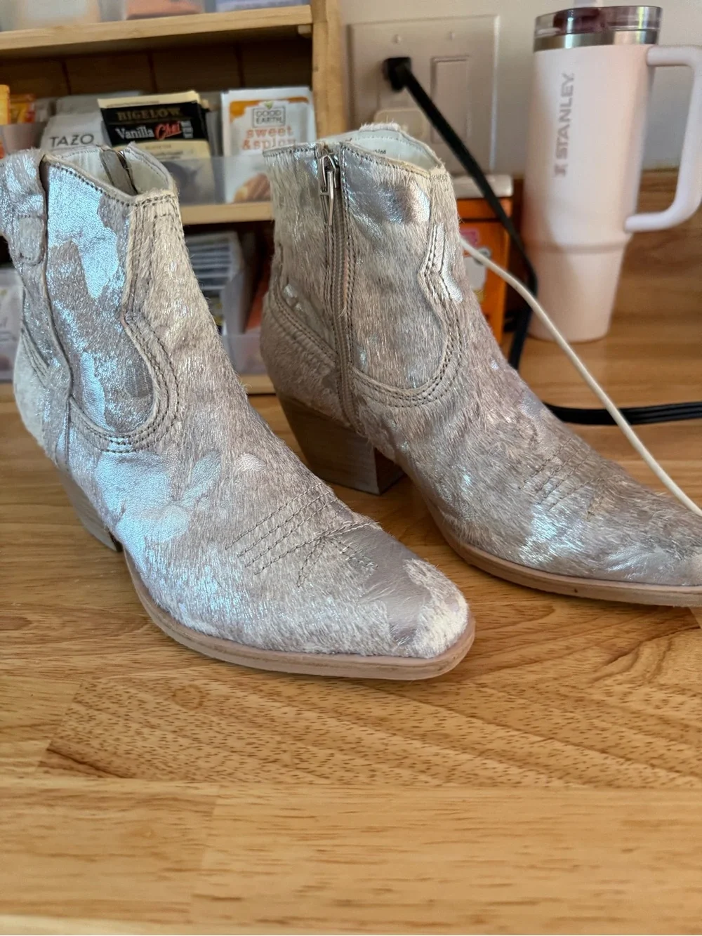 Dolce Vita Metallic Silver Hair-On Leather Ankle Boots